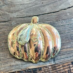 Gold tone and orange tin oversized pumpkin brooch or pendant